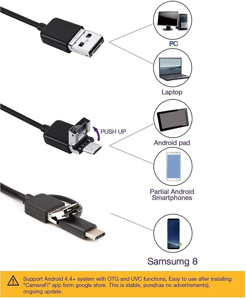 3 in 1 Endoscope Inspection Camera Borescope HD Camera Waterproof Snake Pipe Drain with 6 Adjustable Led Light Snake Cable USB Adapter for Android Phone Tablet Device(Size:1 M)